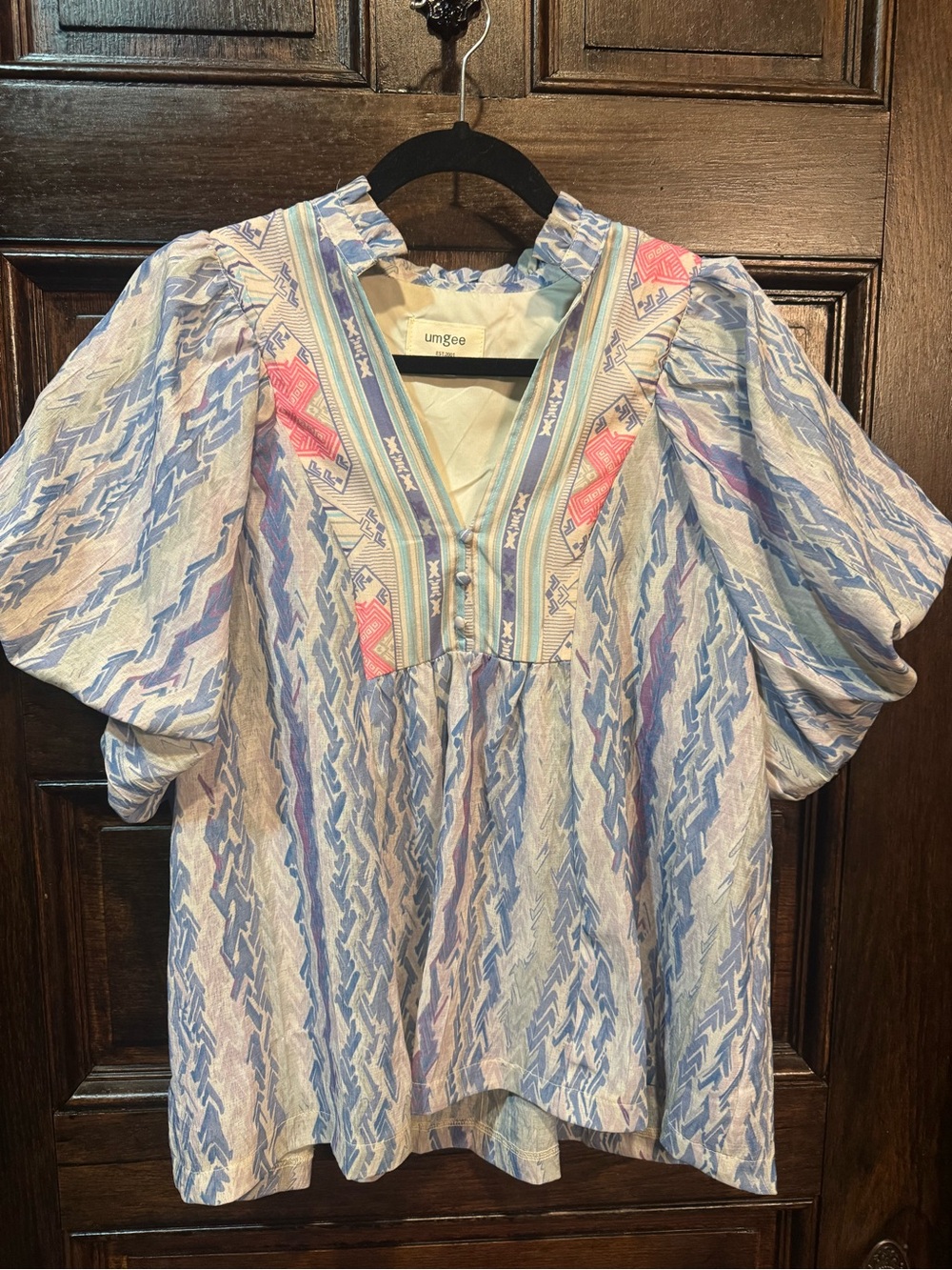 Umgee Blue and Pink Patterned Boho Peasant Blouse